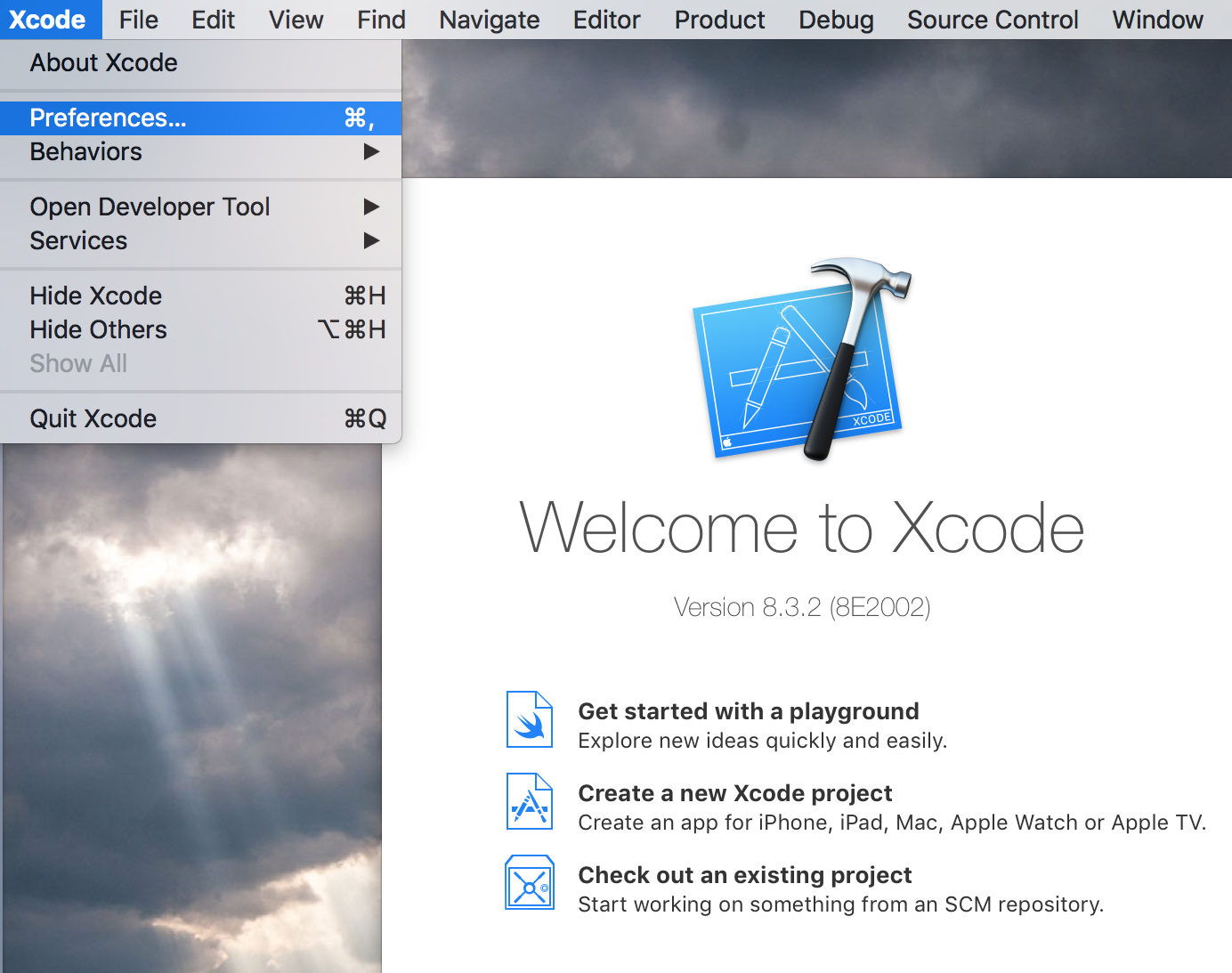 Xcode Welcome screen