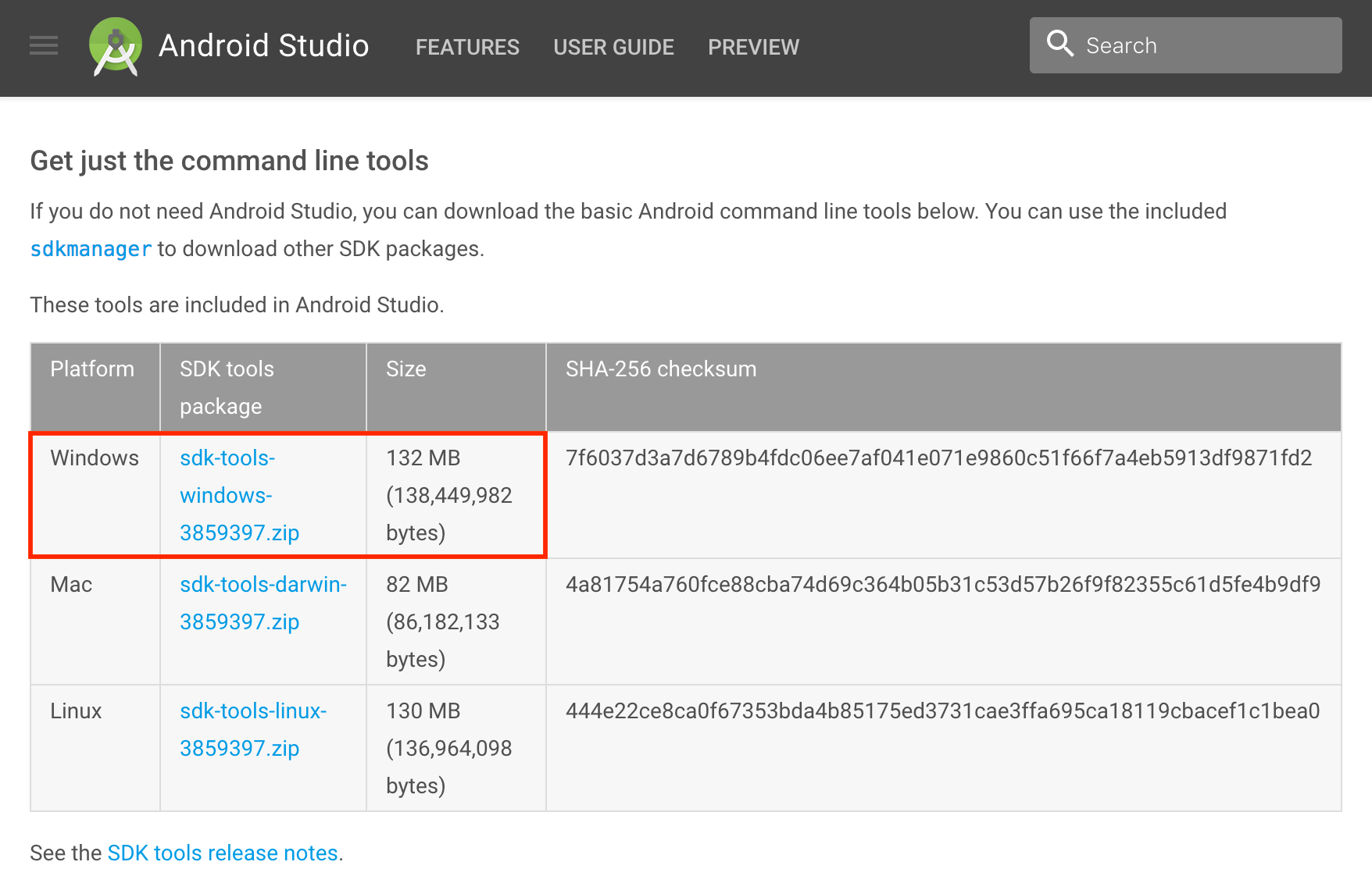 Android SDK tools download page